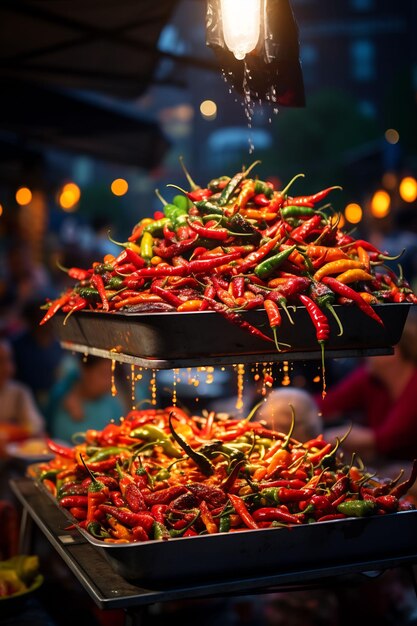 un plateau de piments sur un marché