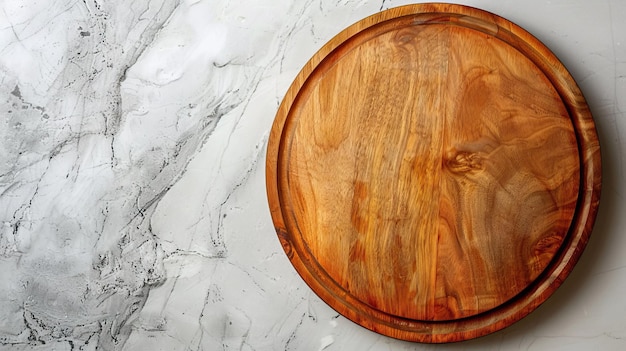 Un plateau de pizza en bois sur une table de cuisine blanche