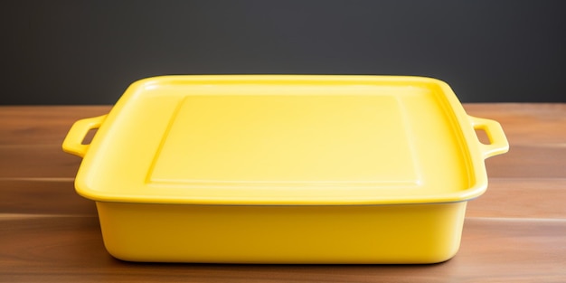 Un plateau en plastique jaune avec un couvercle carré est posé sur une table en bois.