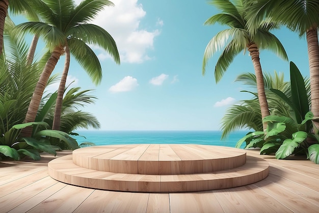 Plateau de podium sur le fond d'un palmier tropical pour le placement de produits 3D