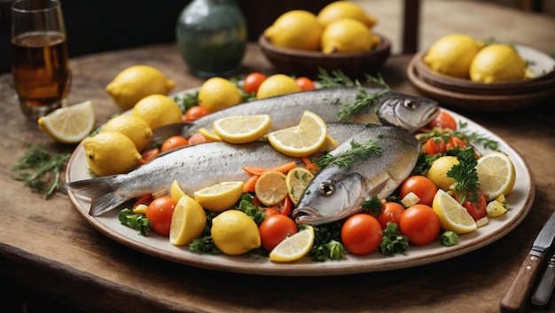 Un plateau de poisson avec des légumes et des citrons sur une table en bois