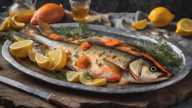 Plateau de poisson rustique sur fond galvanisé