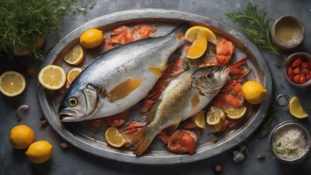 Plateau de poisson rustique sur fond galvanisé