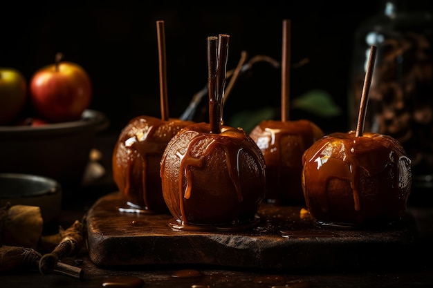 Un plateau de pommes au caramel avec un bol de pommes en arrière-plan