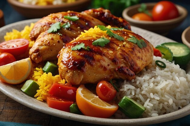 Photo un plateau de poulet et de riz coloré