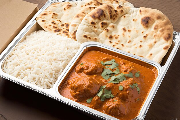 Plateau de poulet tikka masala fraîchement cuit avec riz basmati et naan créé avec générative ai