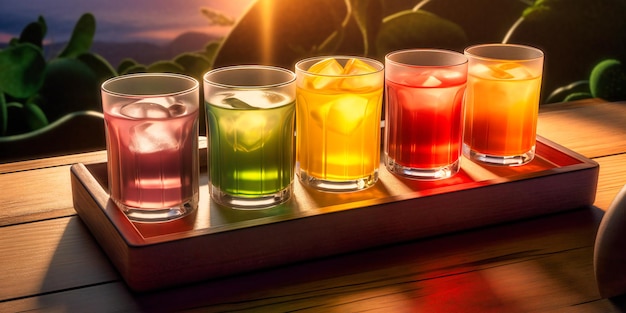 Un plateau avec quatre cocktails