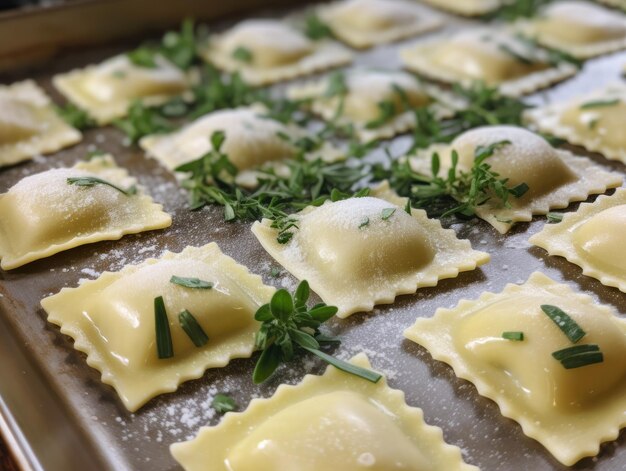 Un plateau de raviolis aux herbes fraîches dessus