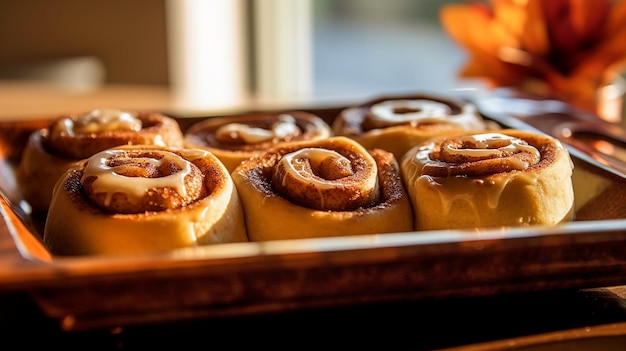 un plateau de rouleaux de cannelle fraîchement cuits