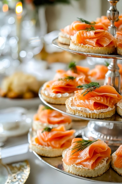 Photo un plateau de sandwichs au saumon et au fromage à la crème