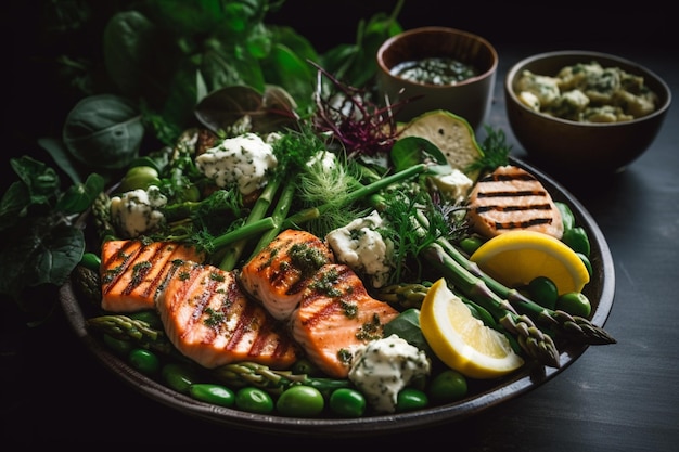 Un plateau de saumon et d'asperges avec un côté de légumes verts.