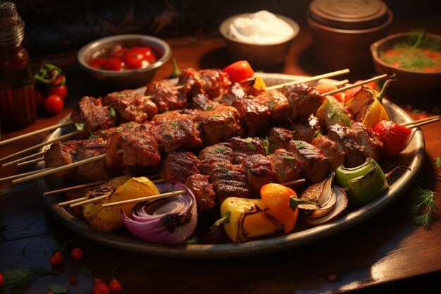 Un plateau de shishkabob de bœuf grillé avec des légumes et des sauces variées à tremper