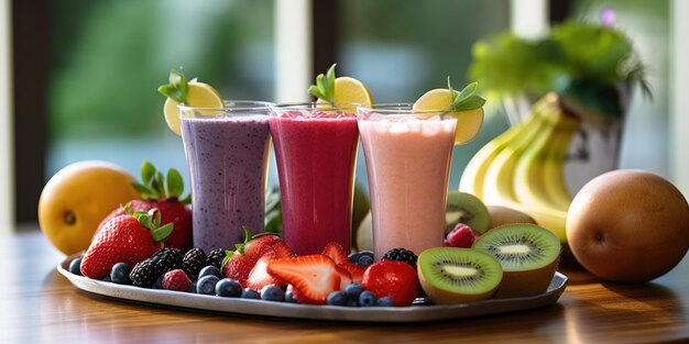 Un plateau de smoothies aux fruits avec différents fruits dessus