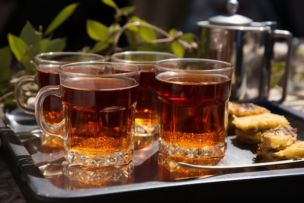Un plateau de sophistication présentant le thé noir dans des verres épurés et élégants