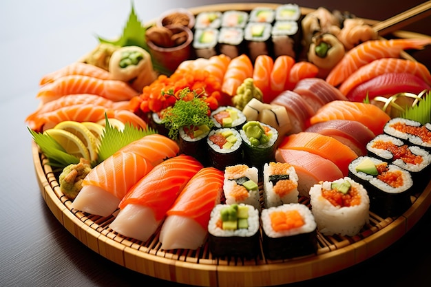 Un plateau de sushi assorti rayonnant de couleurs vives