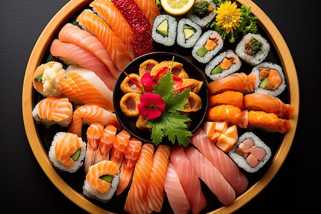 Un plateau de sushi assorti rayonnant de couleurs vives