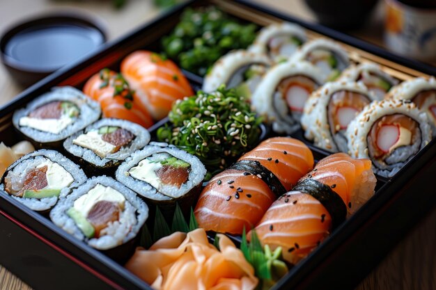 Un plateau de sushi assorti avec de la sauce à tremper