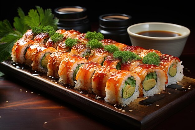 Photo un plateau de sushi avec un bol de sauce soja