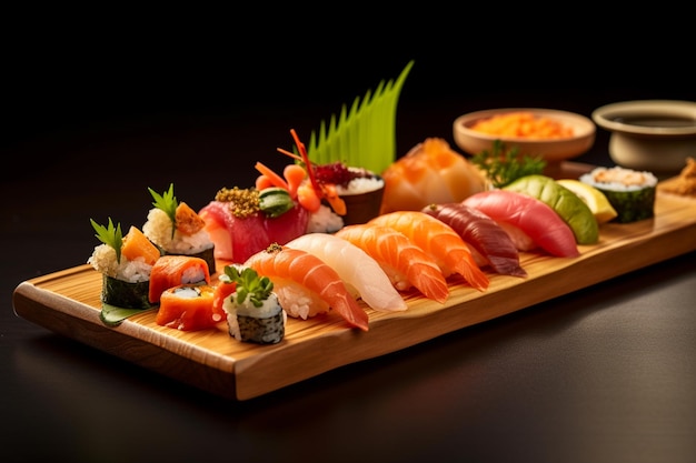 Photo un plateau de sushi coloré avec un assortiment de nigiri