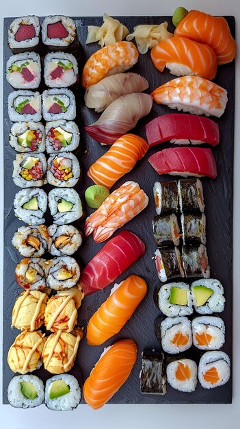 Un plateau de sushi coloré et complexe