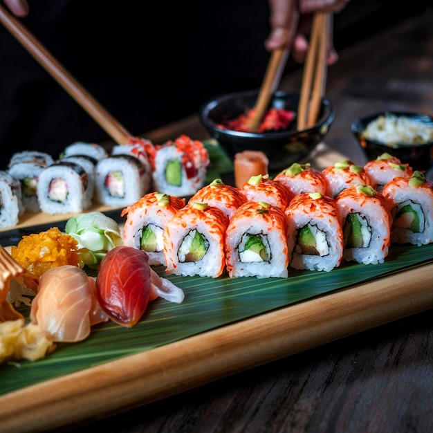Un plateau de sushi coloré présentant un éventail de rouleaux de sushi avec des vues époustouflantes générées par l'IA