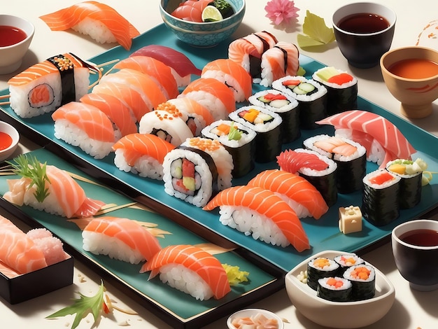 un plateau de sushi à l'eau à la bouche avec un assortiment de nigiri maki et de sashimi