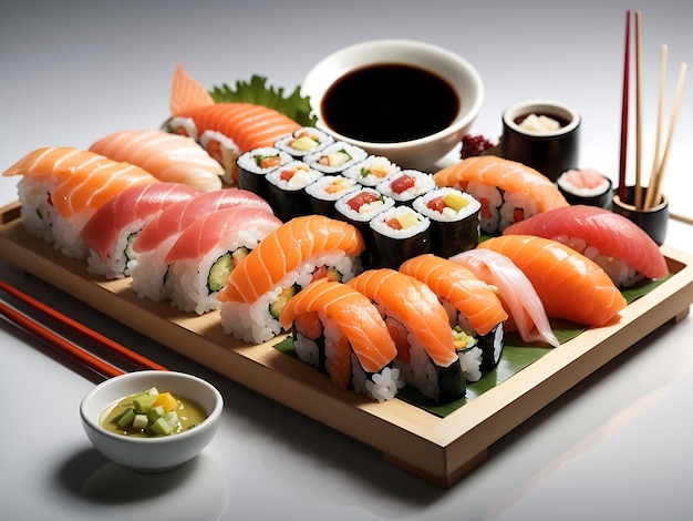 un plateau de sushi à l'eau à la bouche avec un assortiment de nigiri maki et de sashimi