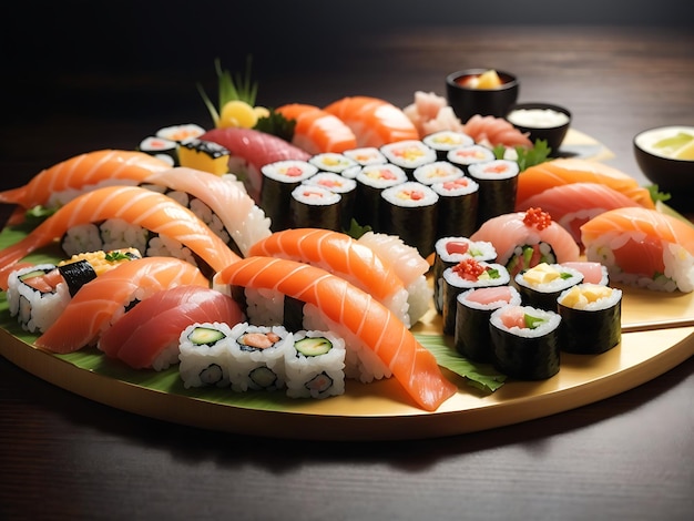 un plateau de sushi à l'eau à la bouche avec un assortiment de nigiri maki et de sashimi