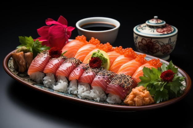 Plateau de sushi exquis avec des détails éclatants, IA générative magistralement arrangée