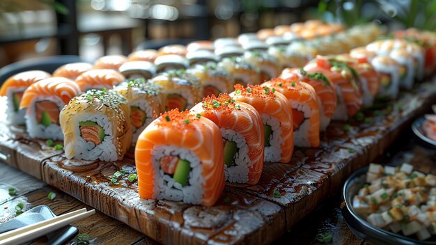 Photo un plateau de sushi avec un feuille verte dessus