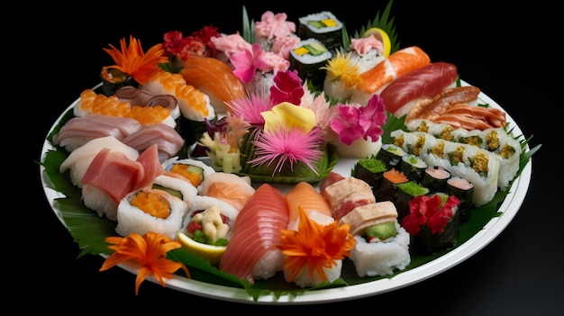 Un plateau de sushis avec une composition florale.