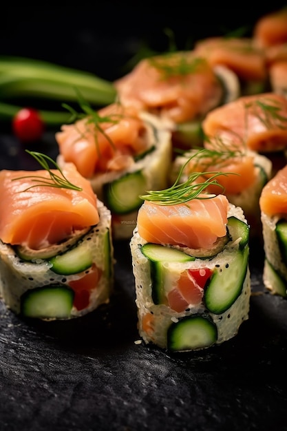 Un plateau de sushis avec concombre et concombre sur le dessus