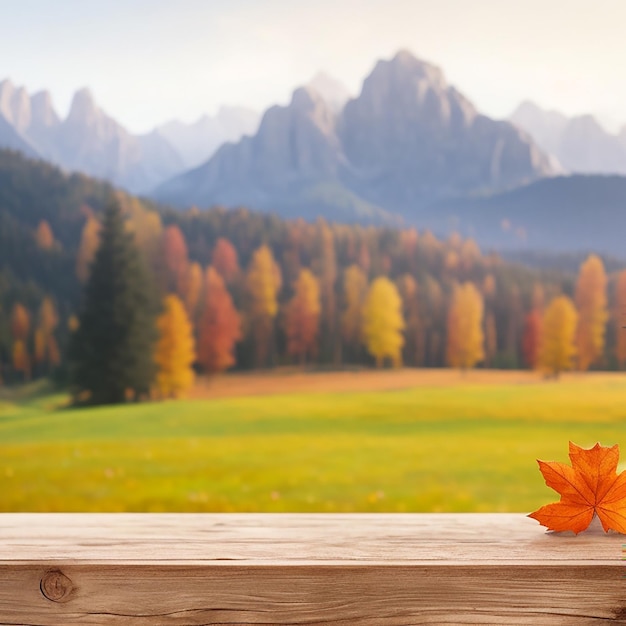 Le plateau de table en bois sur fond flou de paysage de couleurs d'automne dans les dolomites généré par l'IA