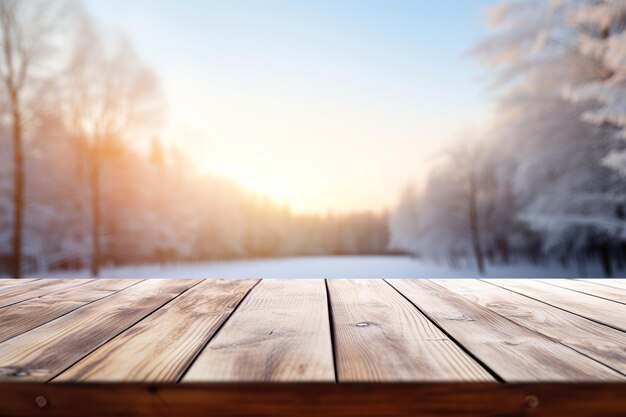 Plateau de table en bois vide avec fond de paysage d'hiver flou pour le montage de l'affichage du produit