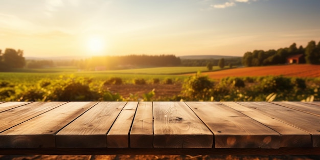 Plateau de table en bois vide avec paysage agricole avec tracteur pendant l'automne IA générative