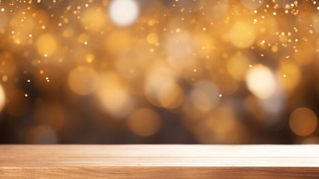 plateau de table en bois vierge sur fond d'éclairage flou neige et bokeh