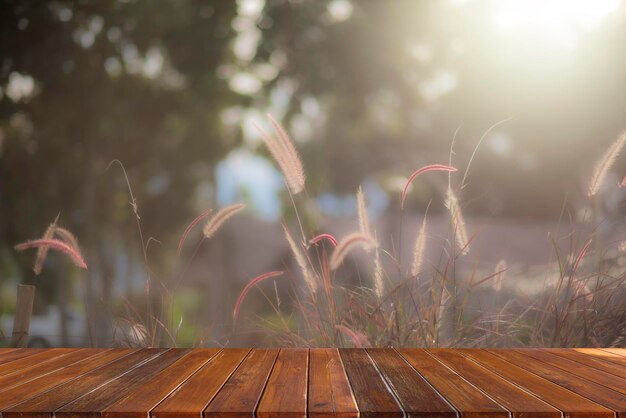 Plateau de table vide en bois et arrière-plan flou le soir dans le jardin