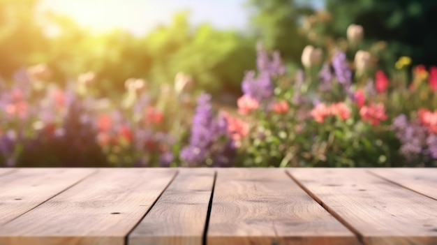 Plateau de table vide en bois et fond de jardin fleuri flou