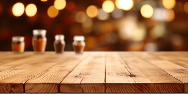 Photo plateau de table vide en bois et intérieur flou sur fond flou