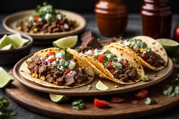 Plateau de tacos de rue mexicains avec carne asada chorizo et al pastor dans des tortillas de maïs