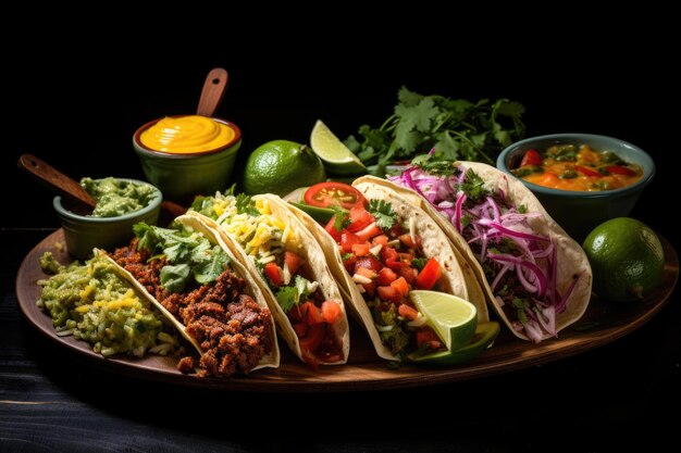 Photo un plateau de tacos vibrant avec un assortiment de garnitures comprenant de la salsa de viande assaisonnée, du guacamole et du sh