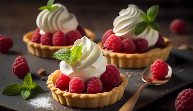 Un plateau de tartes aux framboises avec une cuillerée de menthe sur le dessus