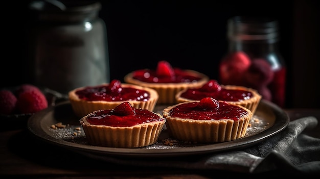 Un plateau de tartes aux framboises dessus