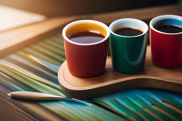 un plateau avec des tasses de café et une cuillère dessus