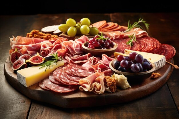 Photo plateau de viande cuite espagnole avec des fromages variés et des olives épicées servi traditionnellement sur un b