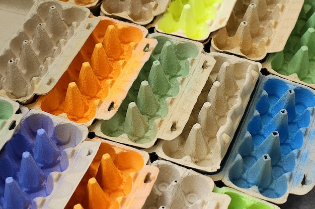 Plateaux d'œufs multicolores en pâte à papier La pertinence des matériaux recyclables environnementaux pour prendre soin de la nature