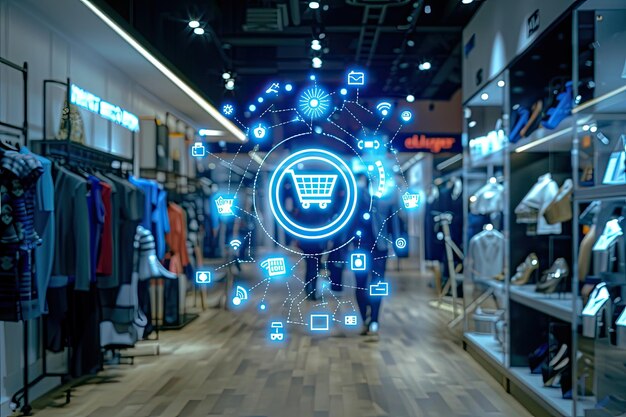 Plateforme de données de marketing omnichannel avec des icônes de fond de magasins de mode