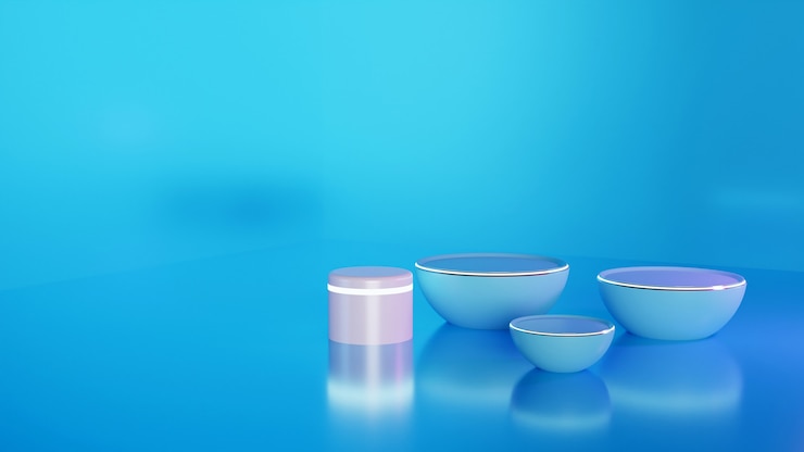 Photo plateforme de modélisation, rendu 3d, abstraction futuriste de formes géométriques. arrondi dans le liquide de fond de l'eau de la chambre bleu pastel