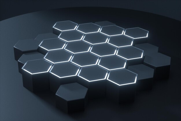 Photo plateformes hexagonales sombres connectées ensemble fond rendu 3d dessin numérique par ordinateur