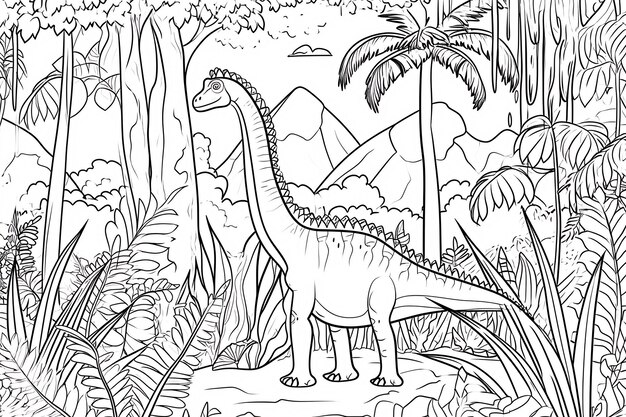 Photo plateosaurus dinosaur doodles linéaires noirs et blancs peinture en ligne peinture pour enfants peinture